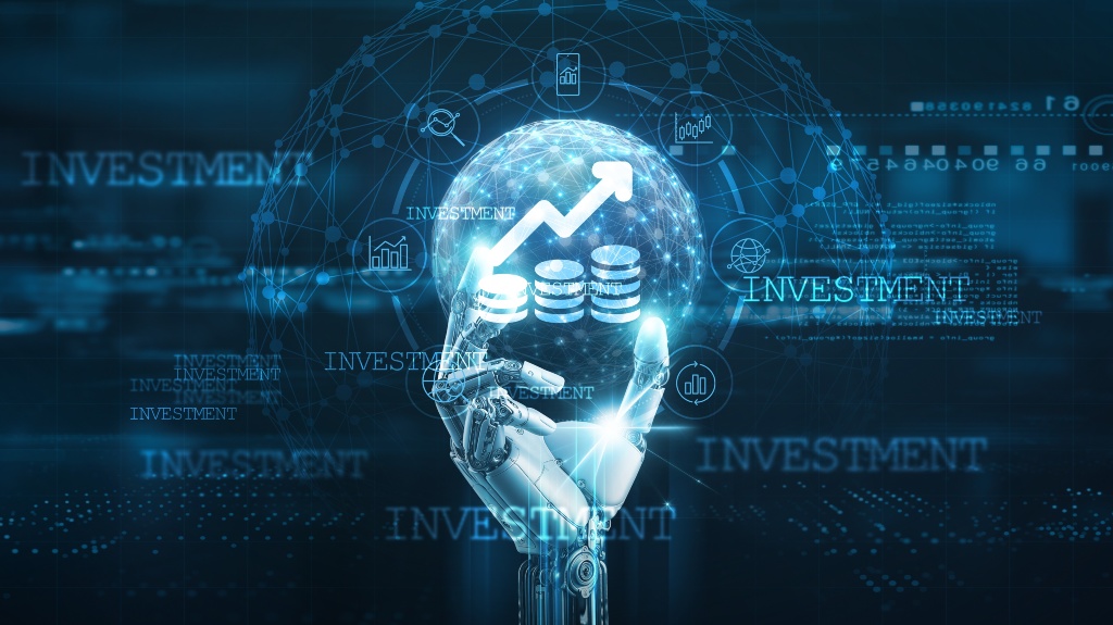 Hands of robot hold investment management network connection