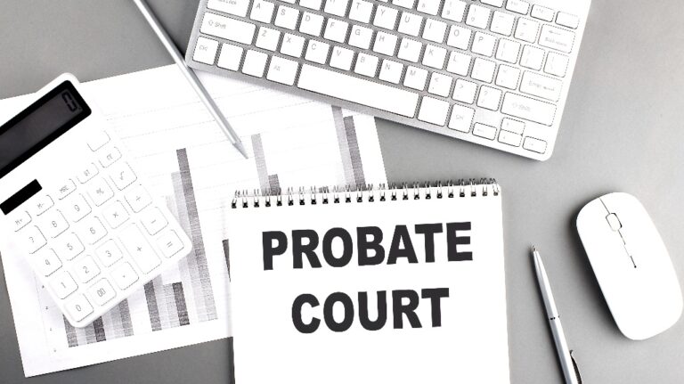 Notebook with the words Probate Court on a desk with keyboard